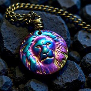 Handmade: Leo Lion Lioness Medallion + 22" Chain - Color + Power! Upbeat Vibes!